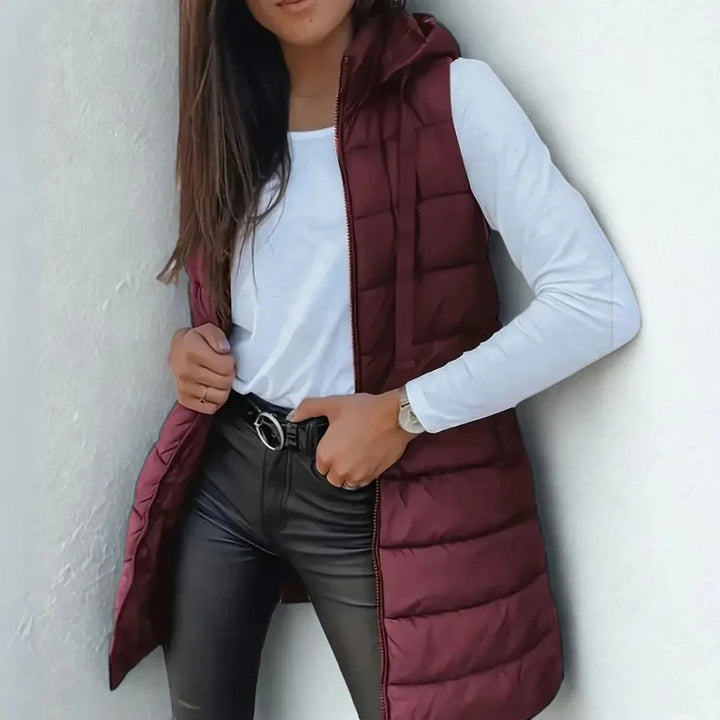 Women's Long Hooded Sleeveless Puffer Vest Lightweight Layering Gilet
