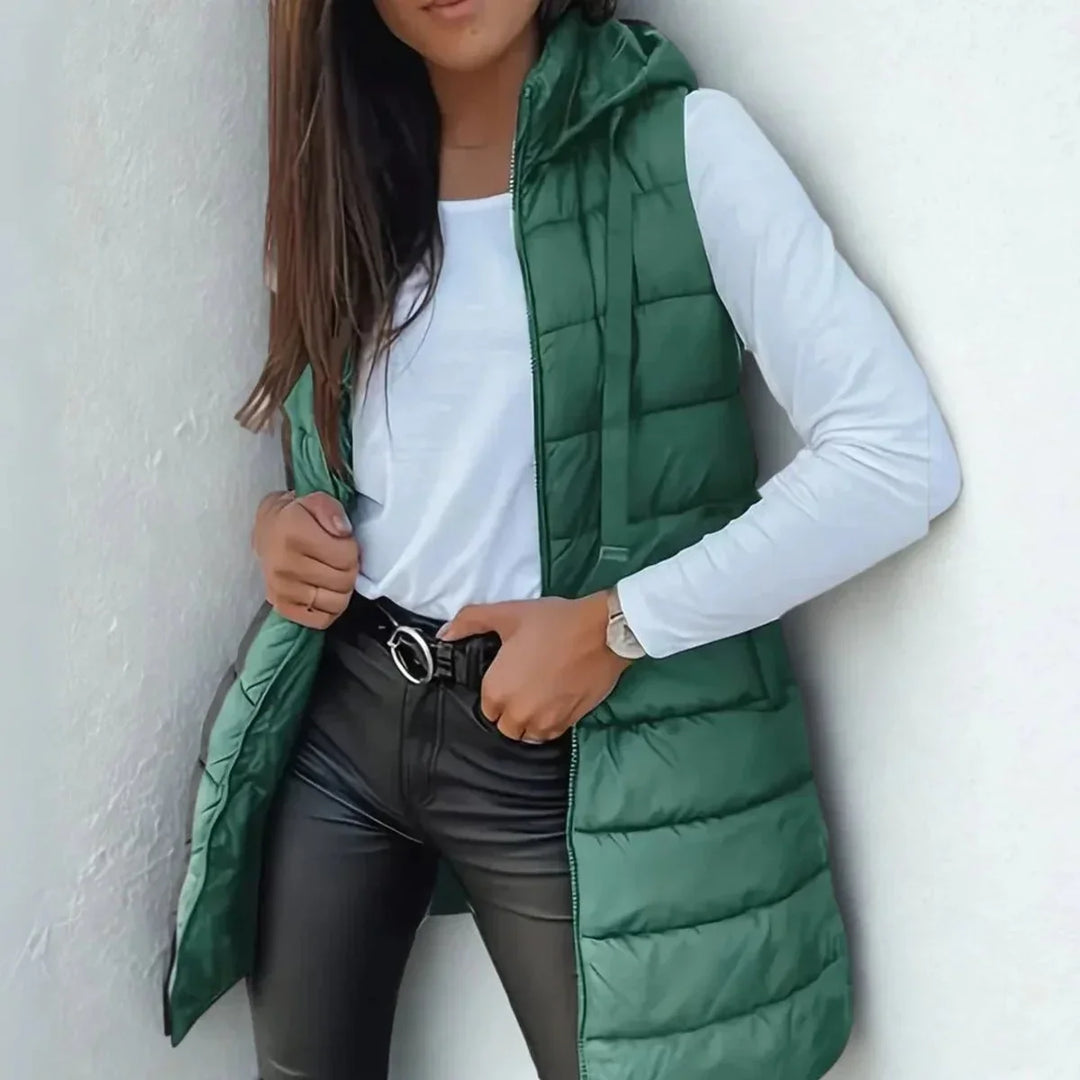 Women's Long Hooded Sleeveless Puffer Vest Lightweight Layering Gilet
