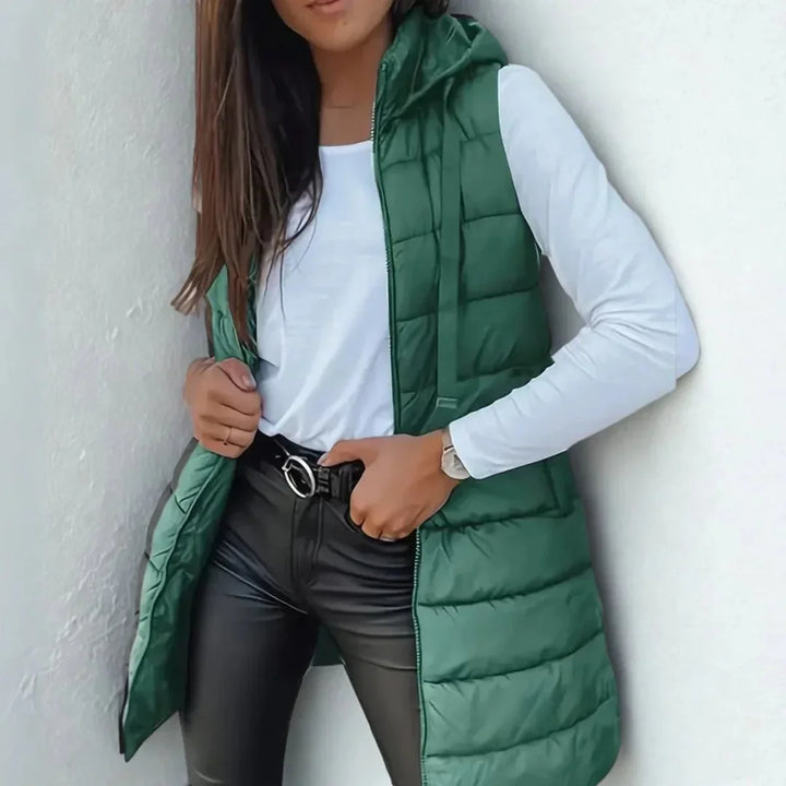 Women's Long Hooded Sleeveless Puffer Vest Lightweight Layering Gilet