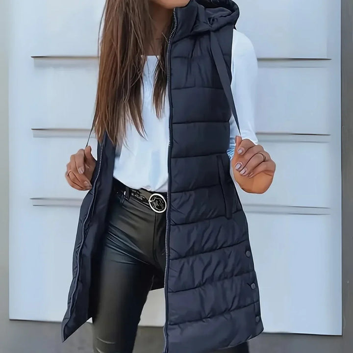 Women's Long Hooded Sleeveless Puffer Vest Lightweight Layering Gilet