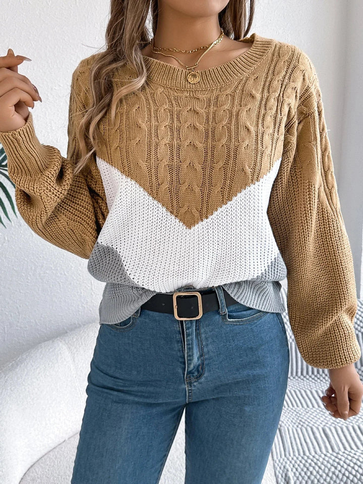 Women's Long-Sleeve Cable-Knit Chevron Color-Block Knit Sweater – Crew-Neck