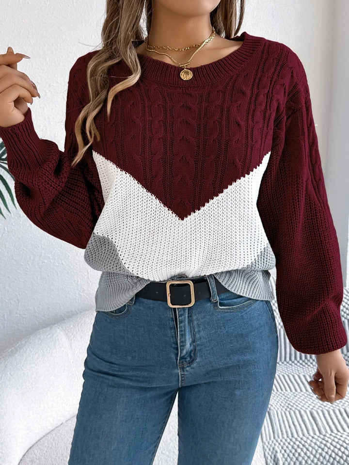 Women's Long-Sleeve Cable-Knit Chevron Color-Block Knit Sweater – Crew-Neck
