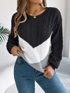 Women's Long-Sleeve Cable-Knit Chevron Color-Block Knit Sweater – Crew-Neck