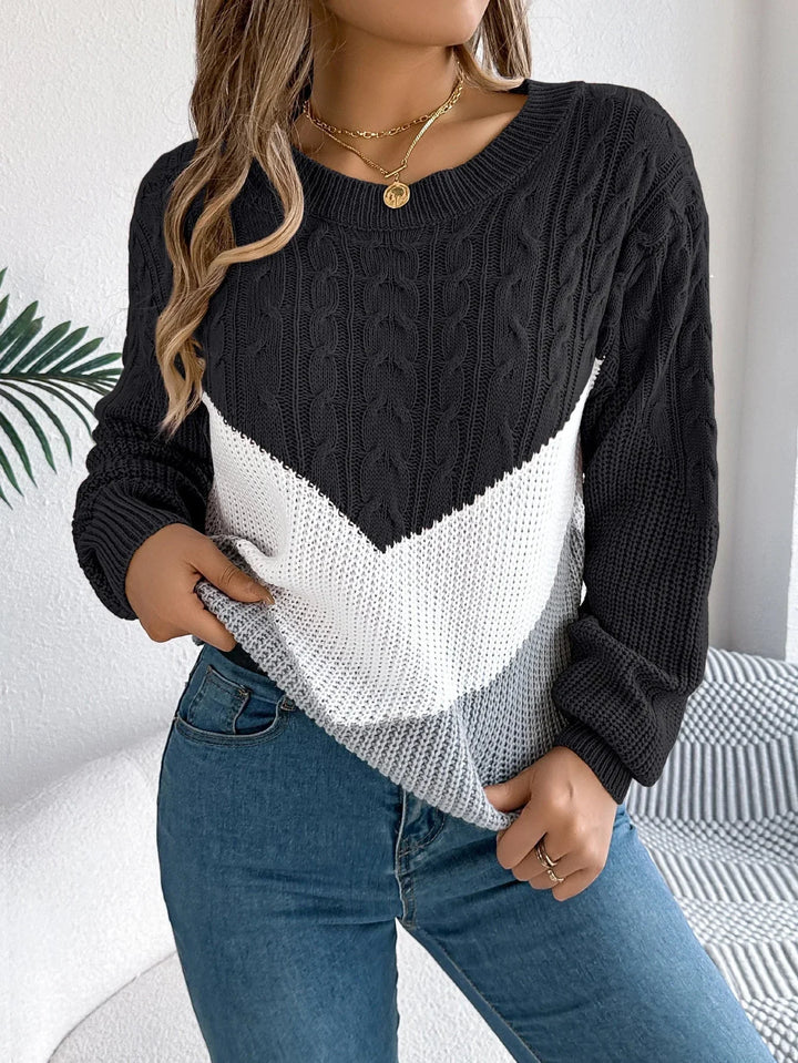 Women's Long-Sleeve Cable-Knit Chevron Color-Block Knit Sweater – Crew-Neck