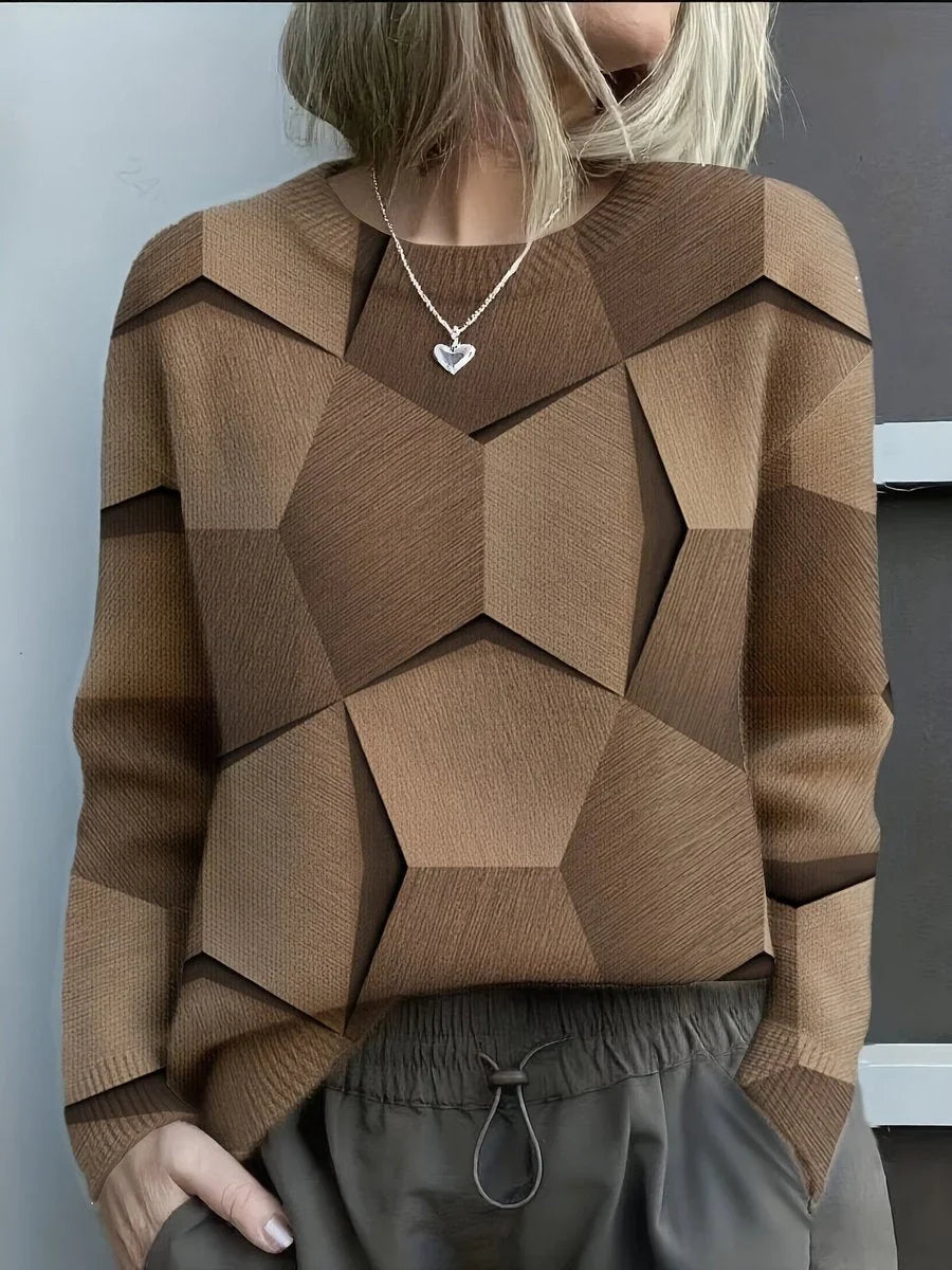 Women's Long-Sleeve Geometric Print Knit Sweater Crewneck Top