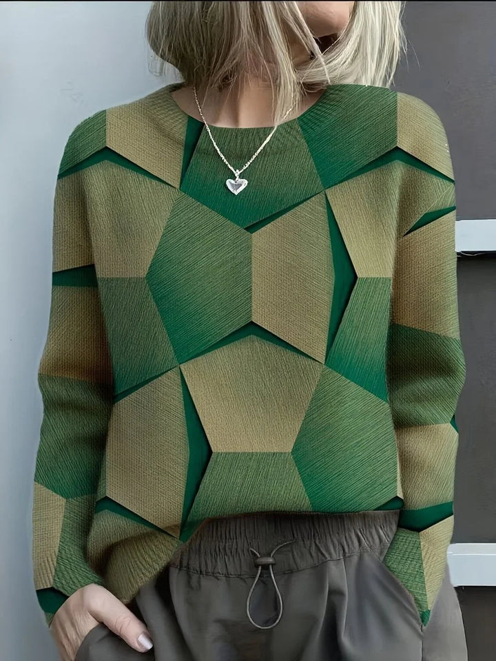 Women's Long-Sleeve Geometric Print Knit Sweater Crewneck Top