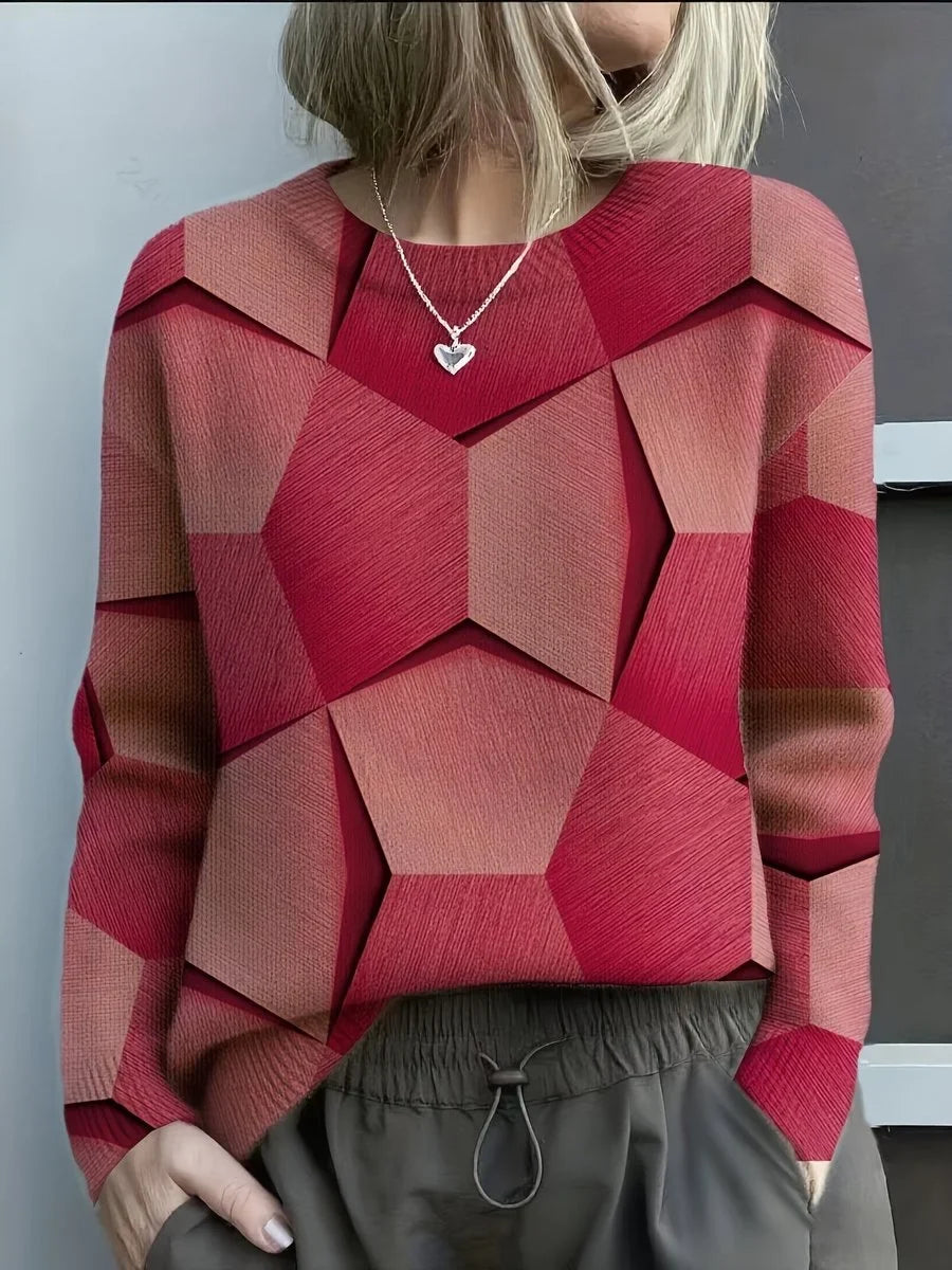 Women's Long-Sleeve Geometric Print Knit Sweater Crewneck Top