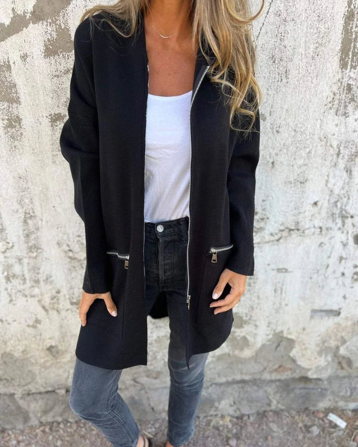 Women's Long-Sleeve Hooded Mid-Length Cardigan – Full Zip And Zipper Pockets