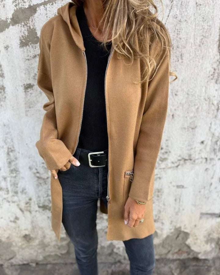 Women's Long-Sleeve Hooded Mid-Length Cardigan – Full Zip And Zipper Pockets
