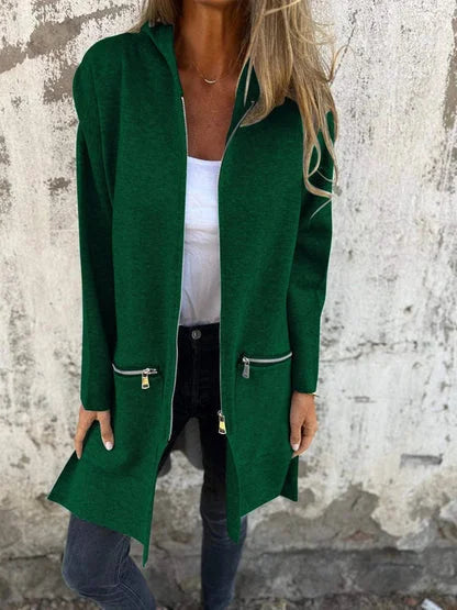 Women's Long-Sleeve Hooded Mid-Length Cardigan – Full Zip And Zipper Pockets