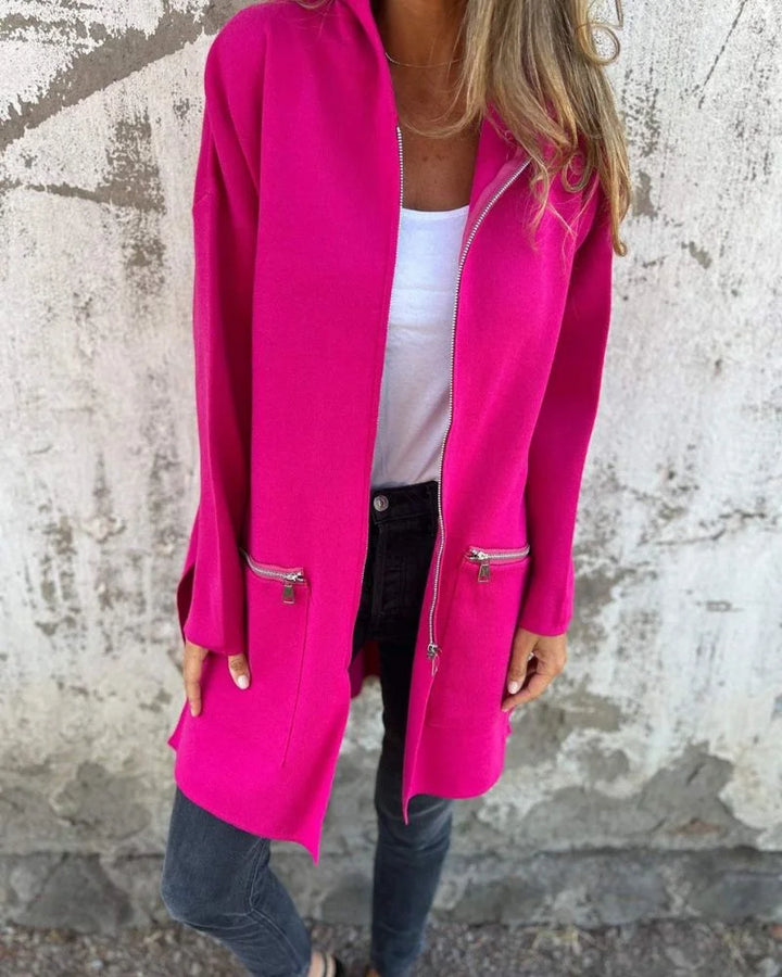 Women's Long-Sleeve Hooded Mid-Length Cardigan – Full Zip And Zipper Pockets