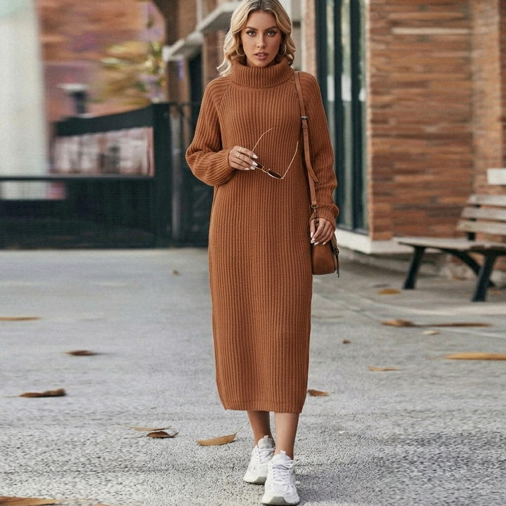 Women's Midi Dress – Oversized Roll-Neck Ribbed Knit Winter