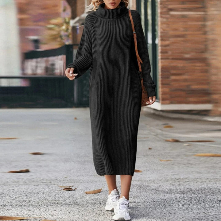 Women's Midi Dress – Oversized Roll-Neck Ribbed Knit Winter