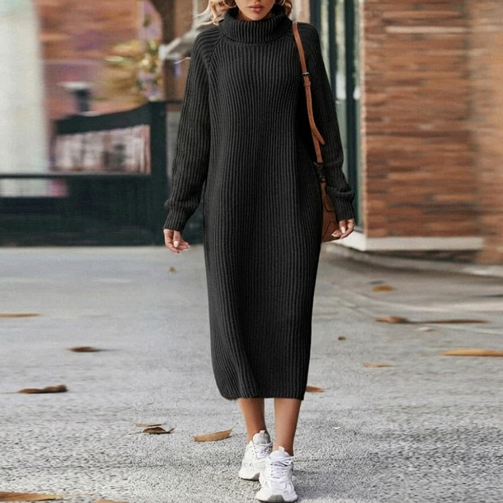 Women's Midi Dress – Oversized Roll-Neck Ribbed Knit Winter