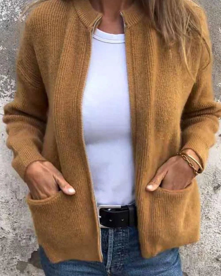 Women's Long Sleeve Ribbed Knit Cardigan Sweater – Full-Zip Closure And Pockets