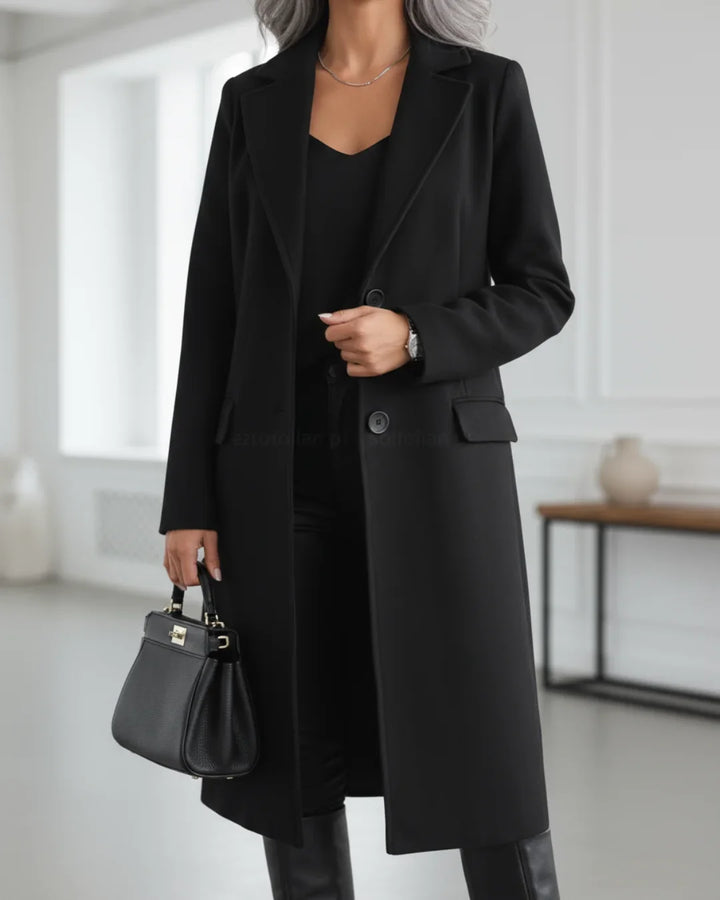Women's Long Tailored Wool Coat – Notched Lapel And Single-Breasted Front