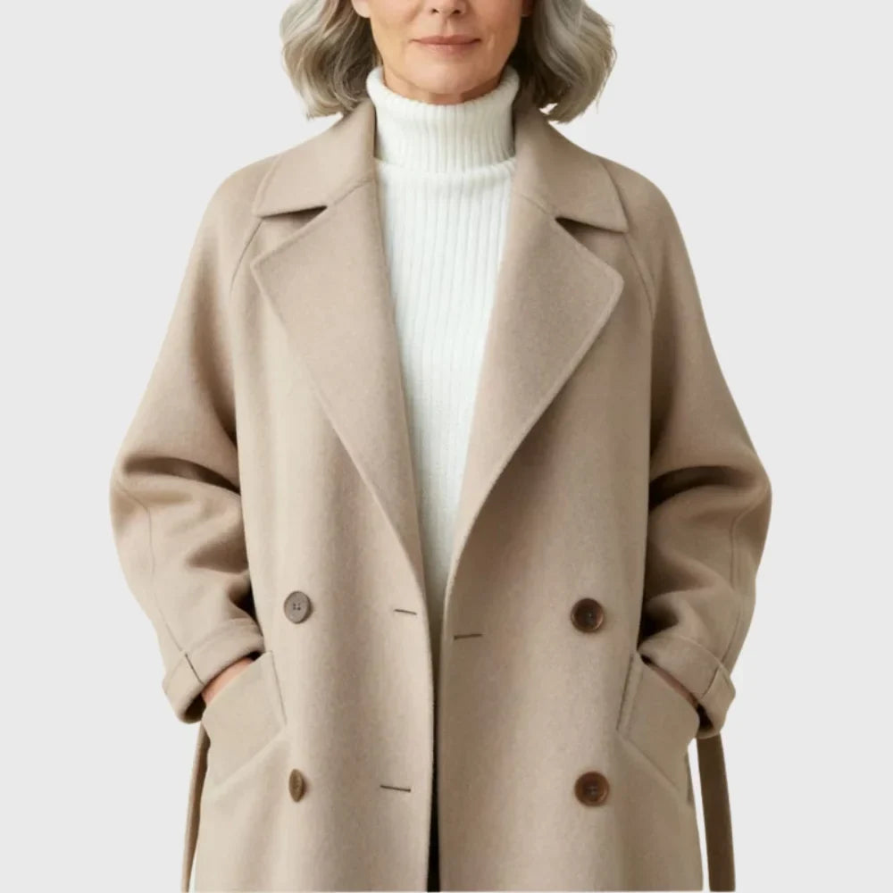Women's Longline Double-Breasted Wool Coat – Self-Tie Belt