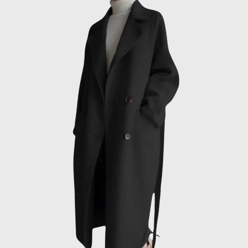 Women's Longline Double-Breasted Wool Coat – Self-Tie Belt