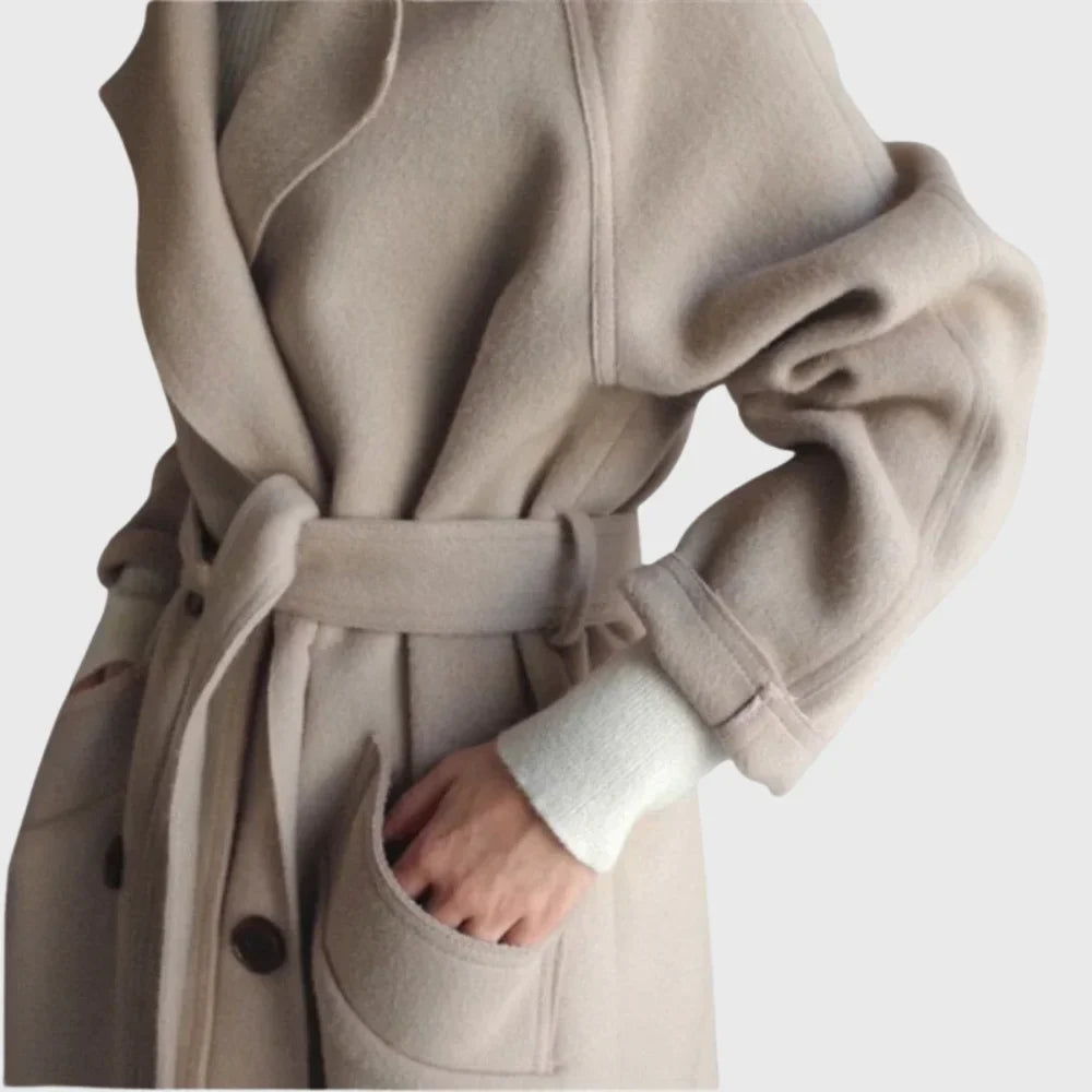 Women's Longline Double-Breasted Wool Coat – Self-Tie Belt