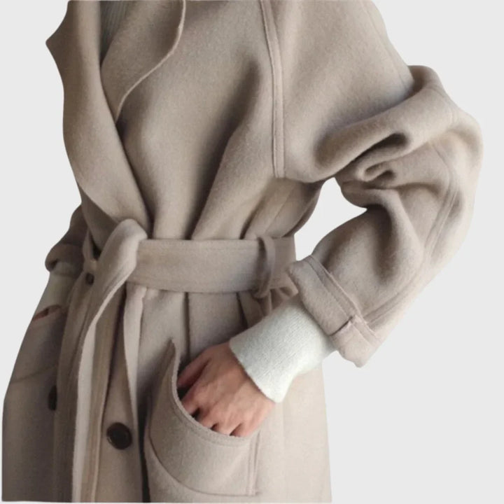 Women's Longline Double-Breasted Wool Coat – Self-Tie Belt