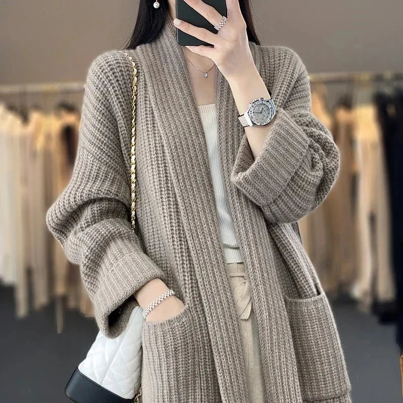 Women's Longline Rib-Knit Relaxed Fit Cardigan Sweater – Open Front And Patch Pockets