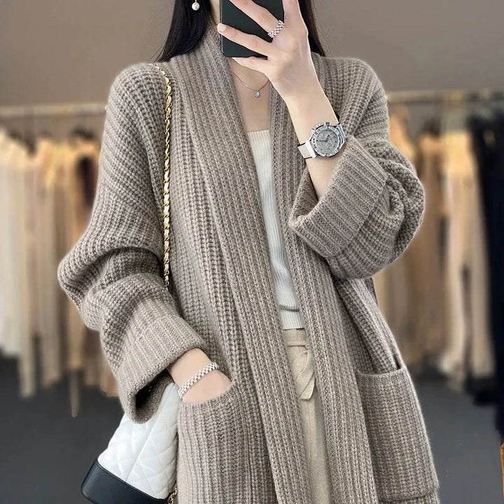 Women's Longline Rib-Knit Relaxed Fit Cardigan Sweater – Open Front And Patch Pockets