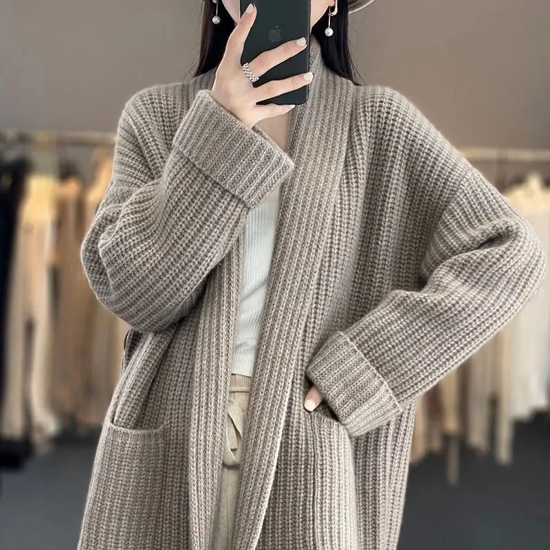 Women's Longline Rib-Knit Relaxed Fit Cardigan Sweater – Open Front And Patch Pockets