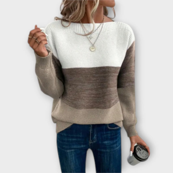 Women's Loose-Fit Color-Block Knit Sweater – Boat-Neck And Long Sleeves