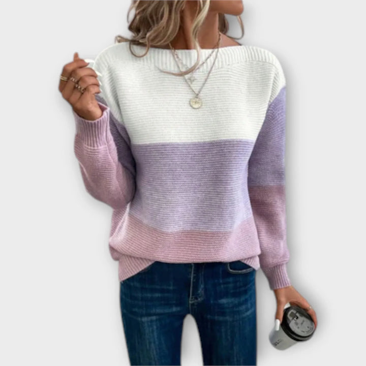 Women's Loose-Fit Color-Block Knit Sweater – Boat-Neck And Long Sleeves