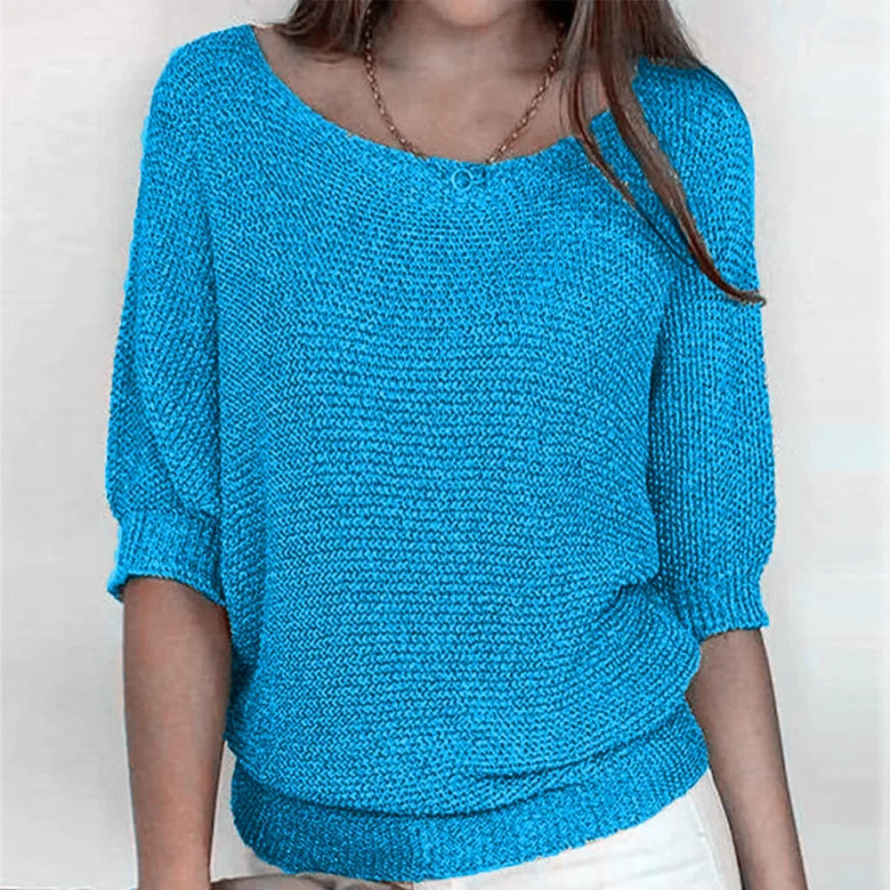 Women's Loose-Fit Knit Sweater – Boat Neck And 3/4 Dolman Sleeves