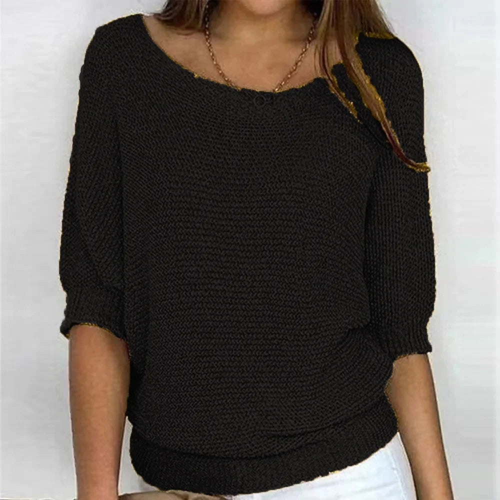 Women's Loose-Fit Knit Sweater – Boat Neck And 3/4 Dolman Sleeves