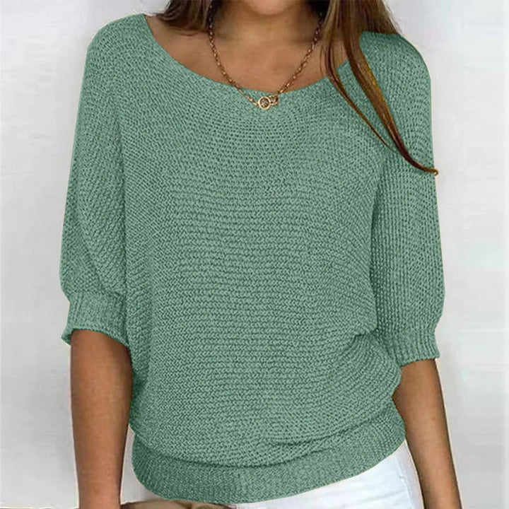 Women's Loose-Fit Knit Sweater – Boat Neck And 3/4 Dolman Sleeves