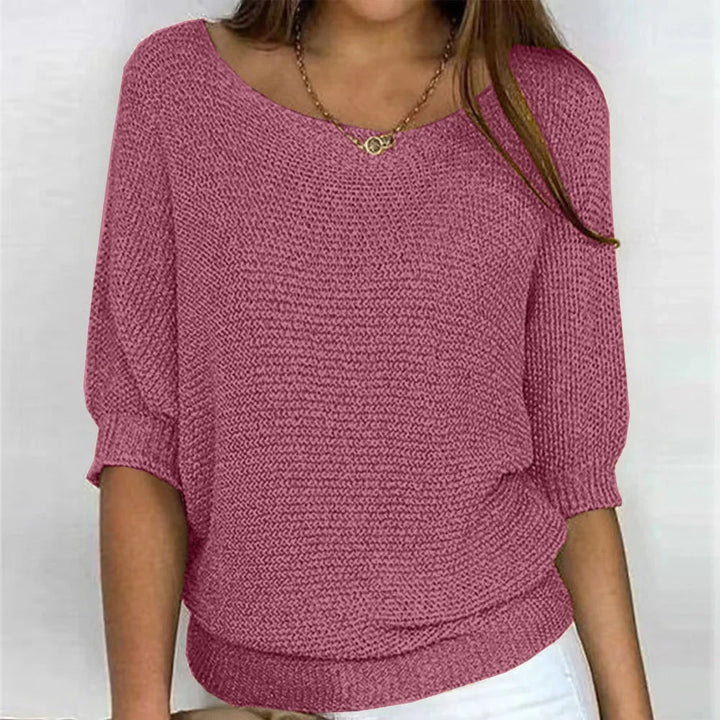 Women's Loose-Fit Knit Sweater – Boat Neck And 3/4 Dolman Sleeves