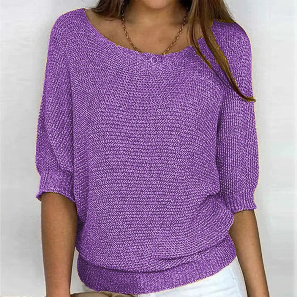 Women's Loose-Fit Knit Sweater – Boat Neck And 3/4 Dolman Sleeves