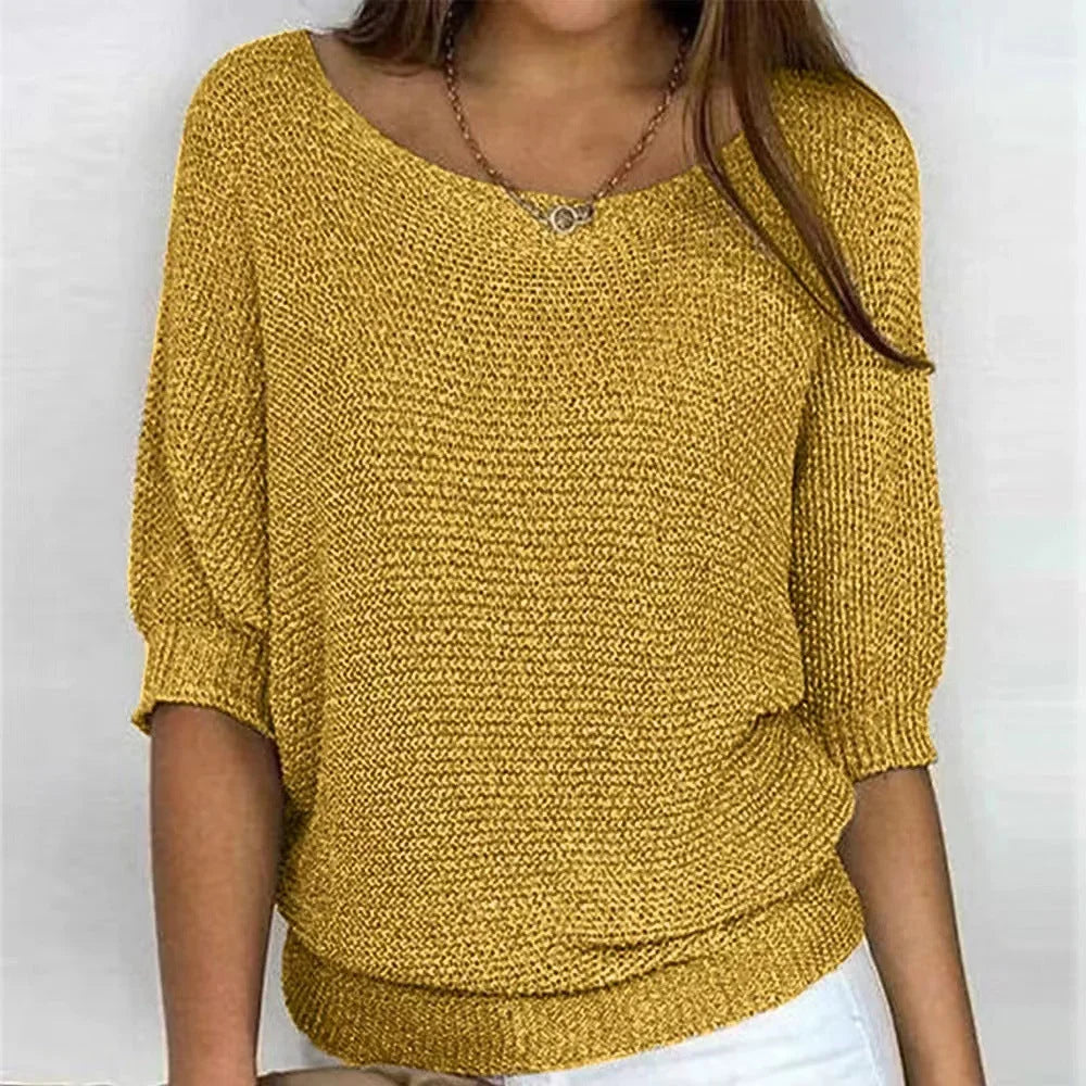 Women's Loose-Fit Knit Sweater – Boat Neck And 3/4 Dolman Sleeves