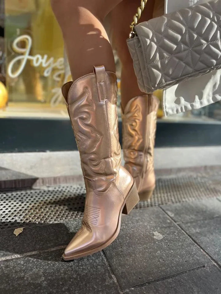 Women's Metallic Pink Cowboy Boots – Embroidered Design And Side-Zipper