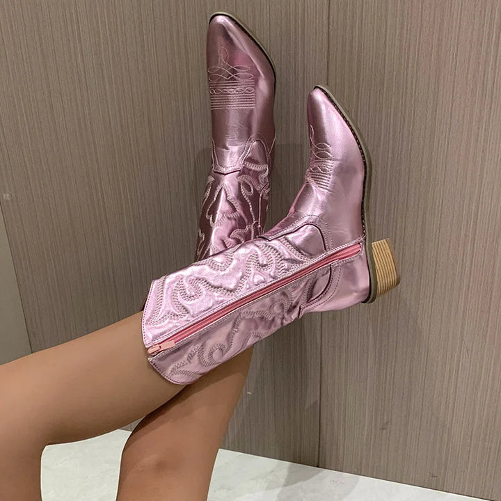 Women's Metallic Pink Cowboy Boots – Embroidered Design And Side-Zipper