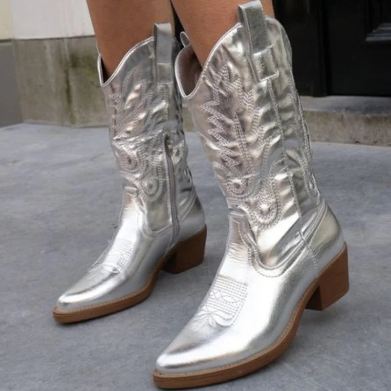 Women's Metallic Pink Cowboy Boots – Embroidered Design And Side-Zipper
