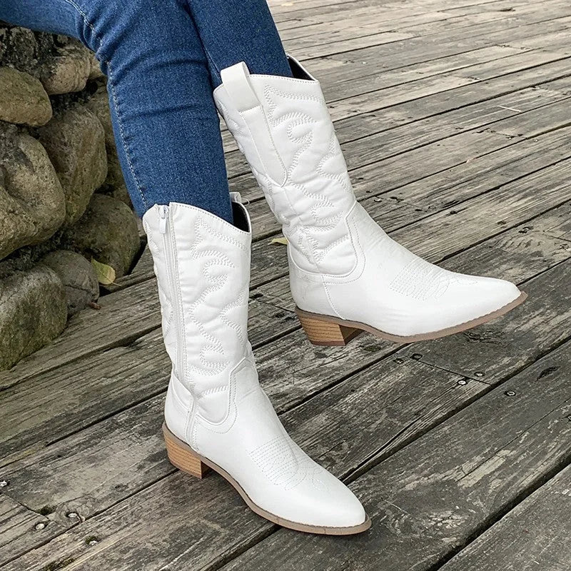 Women's Metallic Pink Cowboy Boots – Embroidered Design And Side-Zipper