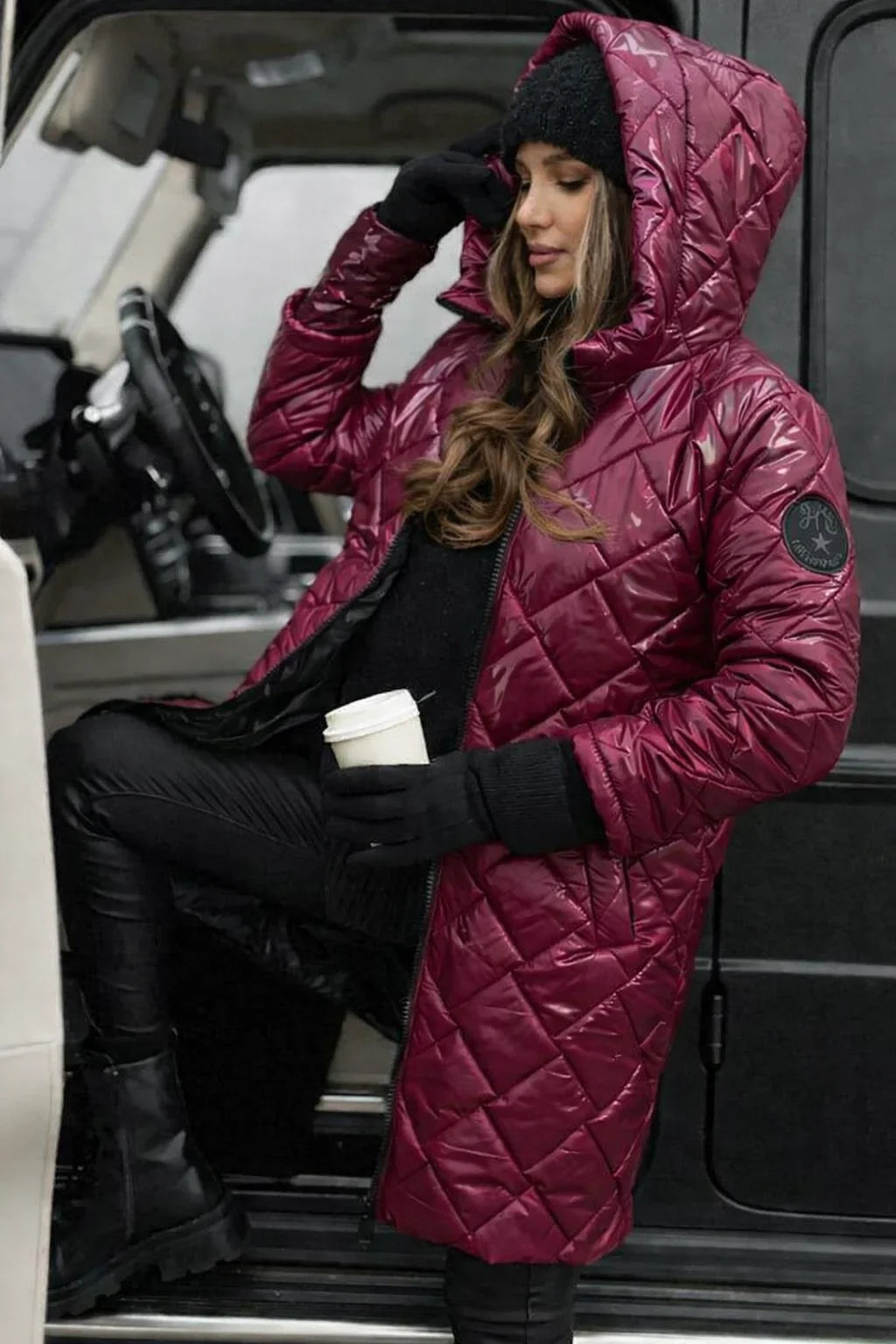 Women's Metallic Quilted Hooded Long Puffer Coat – Zip Closure