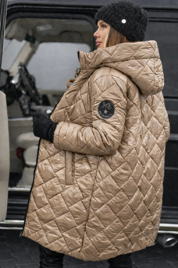 Women's Metallic Quilted Hooded Long Puffer Coat – Zip Closure