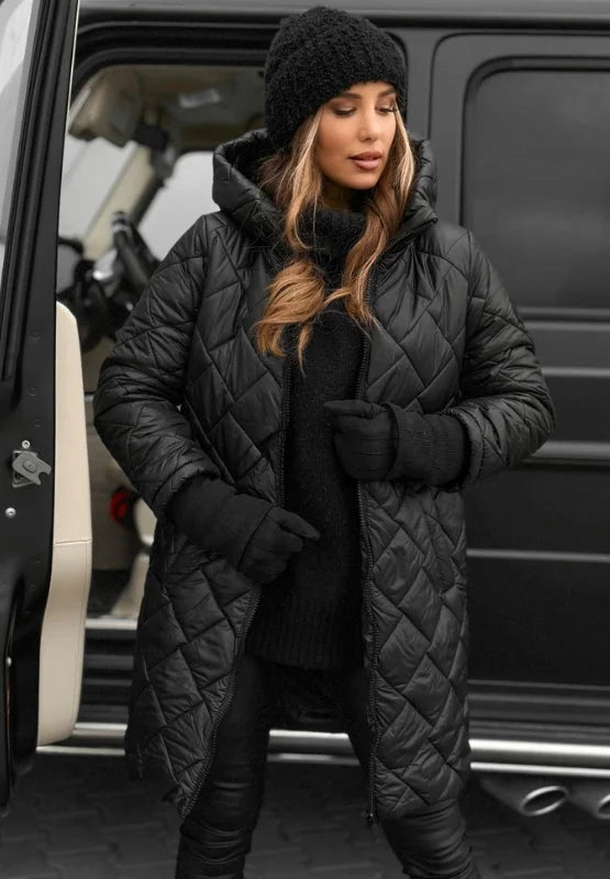 Women's Metallic Quilted Hooded Long Puffer Coat – Zip Closure