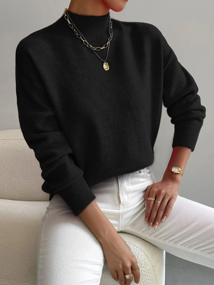 Women's Mock-Neck Long-Sleeve Knit Sweater – Relaxed Fit And Ribbed Cuffs