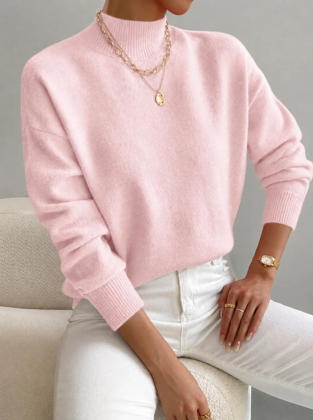 Women's Mock-Neck Long-Sleeve Knit Sweater – Relaxed Fit And Ribbed Cuffs