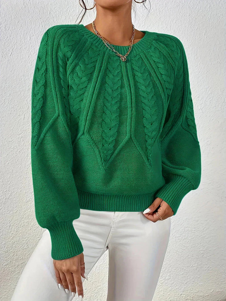 Women's Modern Cable Knit Long Sleeve Knit Sweater – Crew Neck And Voluminous Sleeves