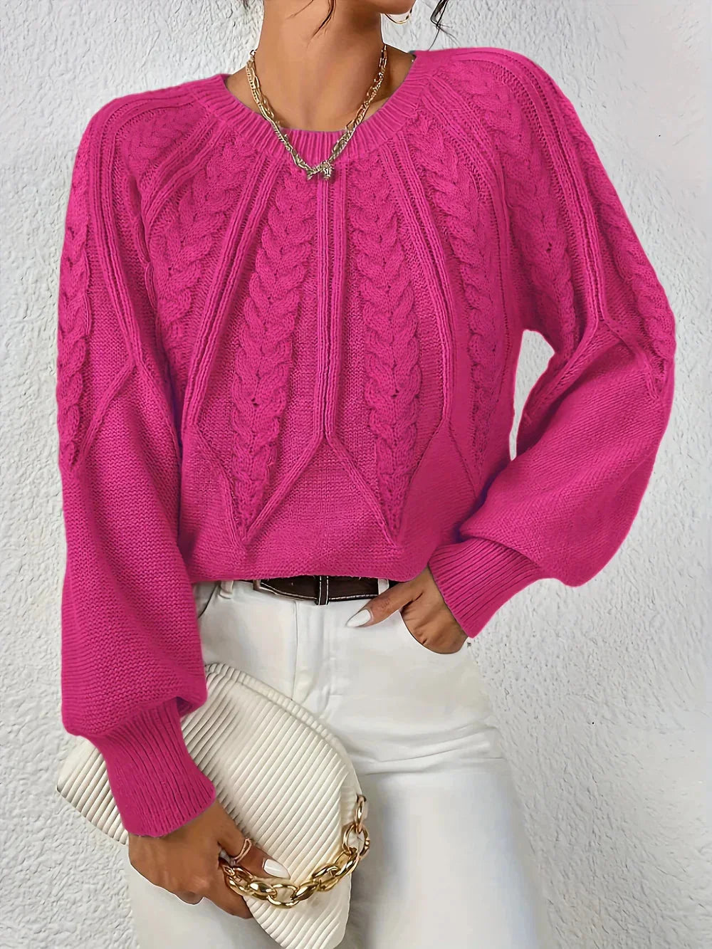 Women's Modern Cable Knit Long Sleeve Knit Sweater – Crew Neck And Voluminous Sleeves