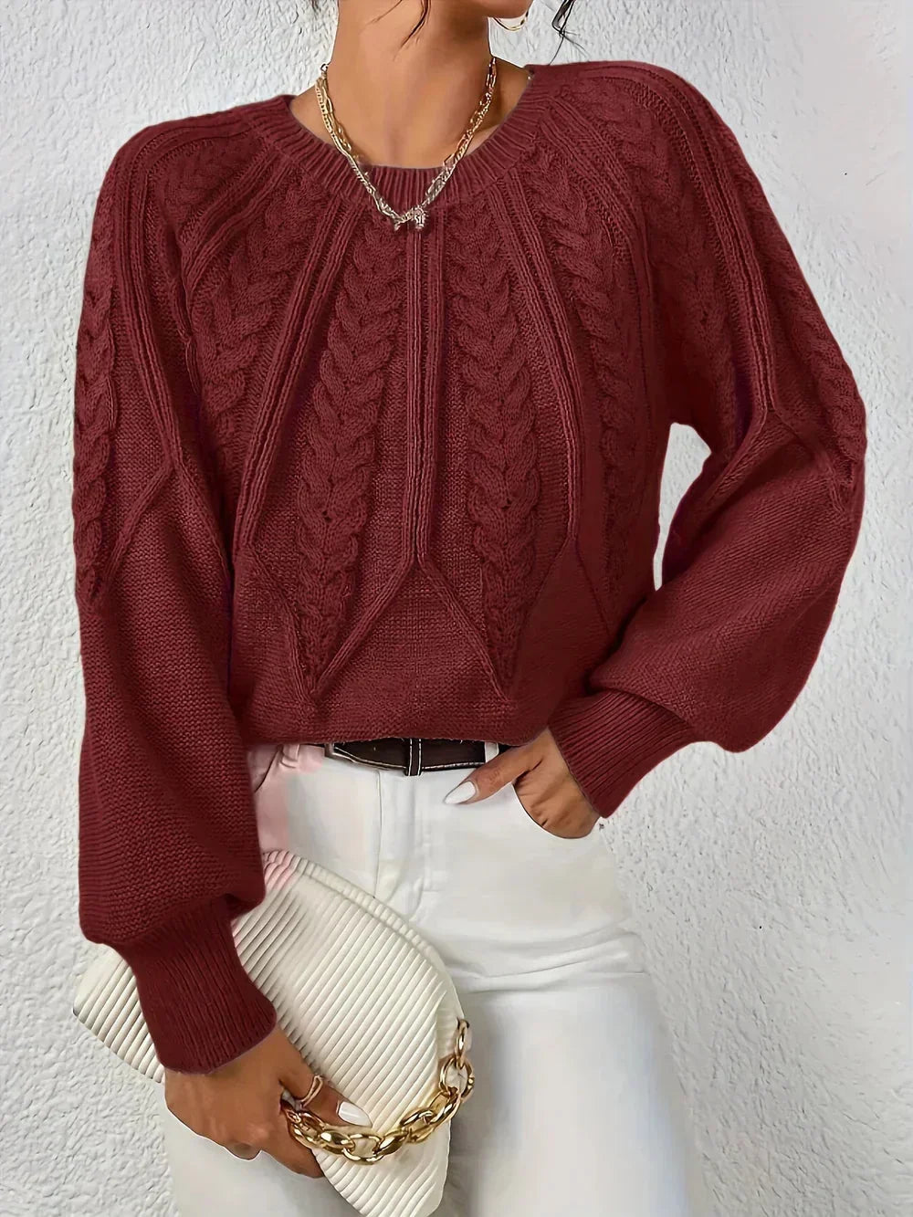 Women's Modern Cable Knit Long Sleeve Knit Sweater – Crew Neck And Voluminous Sleeves