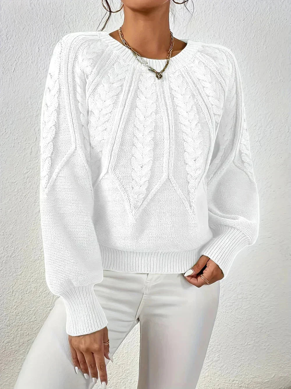 Women's Modern Cable Knit Long Sleeve Knit Sweater – Crew Neck And Voluminous Sleeves