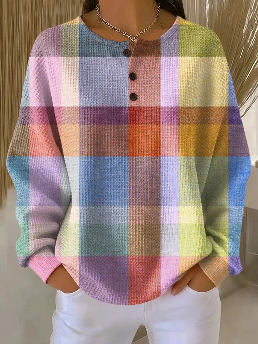 Women's Multi-Color Plaid Waffle Long-Sleeve Knit Sweater – Henley Placket
