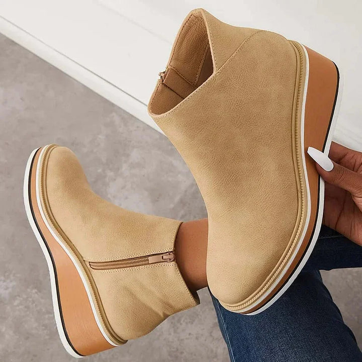 Women's Navy Faux Leather Ankle Wedge Platform Boots – Side Zipper
